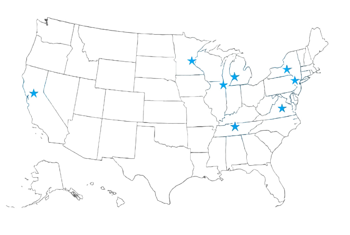 Map of the United States with Maximizer locations highlighted by blue stars in the respective state